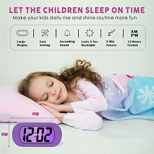 Image of Plumeet Kids Alarm Clock Large Digital LCD Travel Alarm Clocks with Snooze and Night Light - Ascending Sound and Handheld Size - Best Gift for Kids (Purple)
