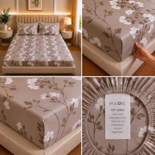 Image of Castiqa Cotton Feels Microfiber Fabric Floral Designs Super King Size Fitted Bedsheet with 2 Pillow Covers 72x78 inch (Fits Upto 12Inch Mattress) (Coffee Floral)