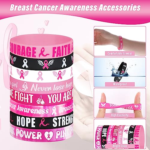 50pcs Breast Cancer Awareness Accessories, Rubber Breast Cancer Awareness Bracelets Bulk, Motivational Breast Cancer Wristband with HOPE STRENGTH FAITH COURAGE, Bracelets for Women Party Favor Stuff3