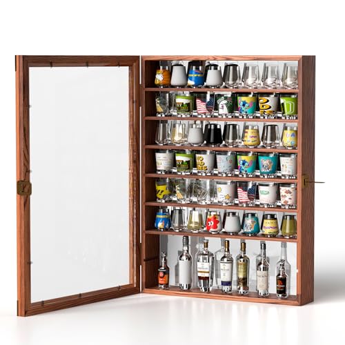 Tcatec Wood Shot Glass Display Case 8 Tier Mirror Backed Wall Mount Shot Glass Holder with Removable Shelves Bar Collection Cabinet Backed Wall Rack Display Box,Hinged Acrylic Door (Brown, 1 Pcs)