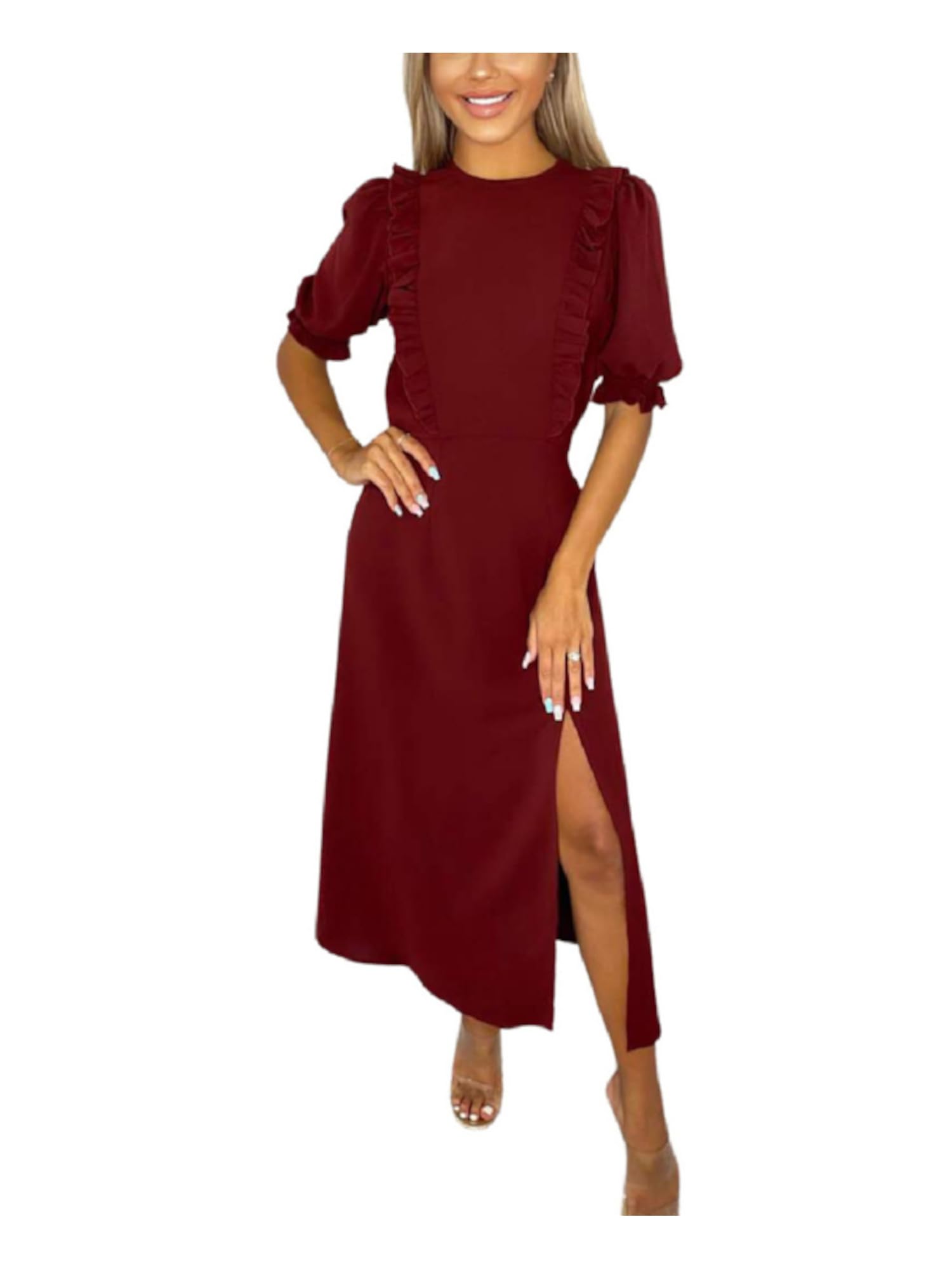 AX ParisWomens Maroon Ruffled Solid Elbow Sleeve Round Neck Midi Fit + Flare Wear to Work Dress UK Size: 18