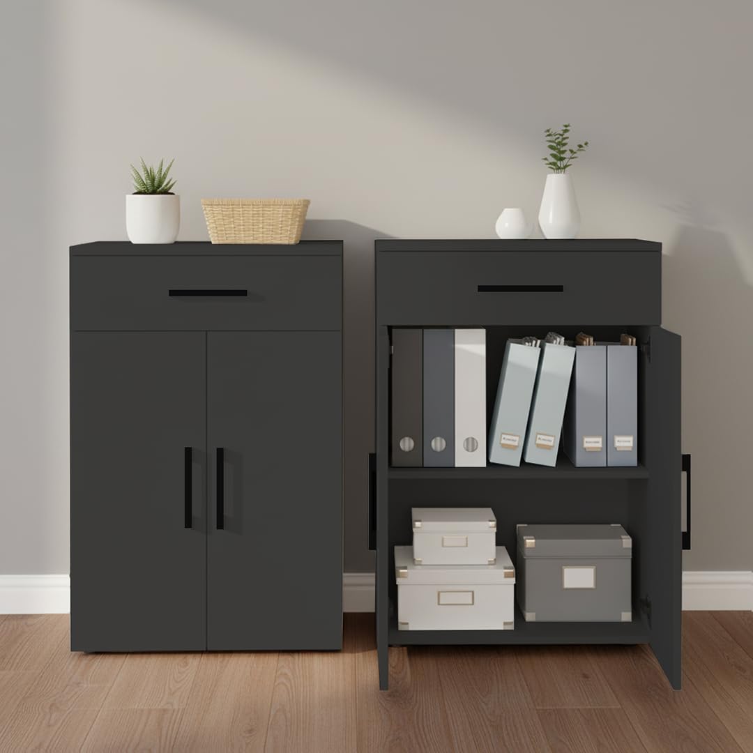 Bellamio Apol Mehrzweckschrank schwarz – Büroschrank 60cm breit – Aktenschrank Holz mit 1 Schublade 2 Fächer – kleines Bücherregal für Flur/Büro/Wohnzimmer – Aufbewahrungsschrank 88cm hoch
