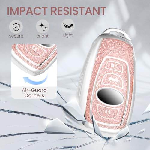 Image of Car Key Fob Cover for Subaru, Rhinestone Wristlet Case, Pink | Wear-resistant TPU shell, non-stretch rhinestone wristlet, daily splash, scratch and drop protection, normal signal use
