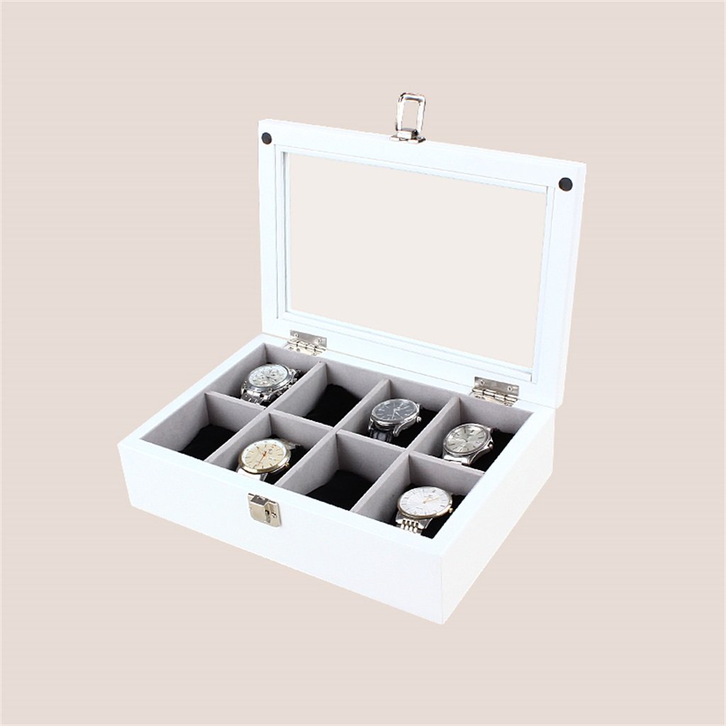 ANVLOJRIH Wooden Watch Box - Display Stand/Box Set/Storage Box for Jewelry Watches - 8 Grids Watch Display Box With Glass Lid (Storage Box for Watches with Lock) (Color : White)