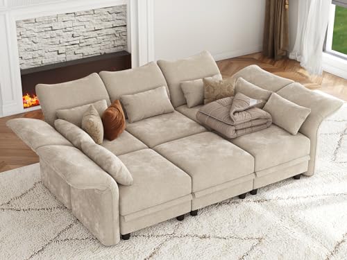 LLappuil Modular Sectional Sofa with Storage Seat 102 Inch Deep Sleeper Sectional Couches for Living Room with Adjustable Armrest Backrest, 6 Seater, Khaki Chenille
