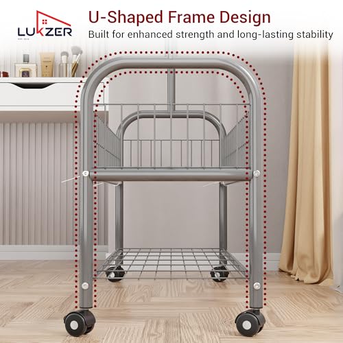 Image of Lukzer | MGR-002 | Grey | Metal Cloth Stand & Garment Rack with Wheels, 2 Bottom Shelves & Single Rod - Space-Saving Clothes Organizer for Bedroom, Bathroom, Office & More | 173 x 90 x 34 cm