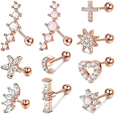 Chriscoco 10Pcs Helix Tragus Cartilage Earrings for Women Men Stainless Steel Star Moon Heart Flower Cross CZ Barbell Stud Earrings Forward Helix Piercing Jewelry Cover