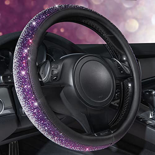 Image of CAR PASS Bling Diamond Leather Steering Wheel Cover, Bling Sparkly Crystal Glitter Rhinestones Universal Fit 14 inch 1 /2-15 inch Car Wheel Protector for Women Girl Fit Suvs,Vans,Sedans,Trucks, Purple Silver