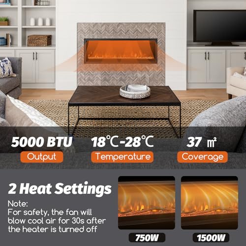 COSTWAY 40"/50" Electric Fireplace, Wall Mounted/Recessed/Freestanding Fire Heater with 12 Flame & 12 Ember Bed Colors, 5 Brightness, Remote Control, 8H Timer, Thermostat, 750W/1500W - Image 3