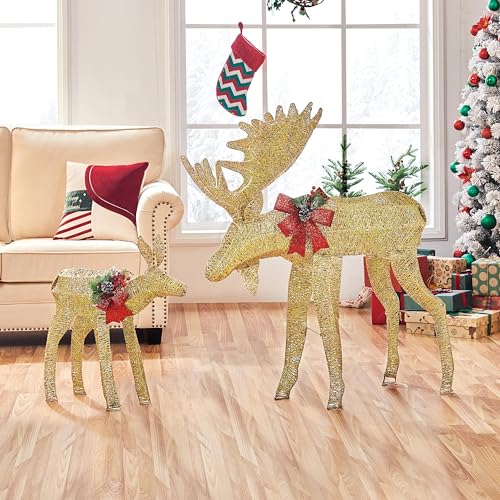 Yaheetech 2-Piece Christmas Moose Family, Lighted Outdoor Christmas Moose Deer Decoration Set w/ 170 Warm White LED Lights/Ground Stakes/Zip Ties for Front Yard, Porch, Indoor Decor Gold