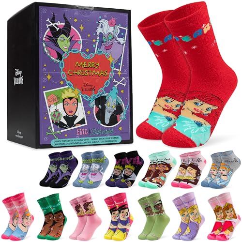 Get Trend Disney Princess & Villains Calendario Adviento 2025 con Calcetines Adolescentes Chica Mujer, 24 Pares de Calcetines Transpirables, 36-41 (Multi Princess/Villains)