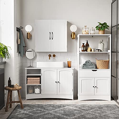 VASAGLE Mueble de Lavabo, Mueble de Baño, Mueble bajo Lavabo, Extra Largo, 90 x 30 x 60 cm, 2 Puertas, Compartimentos Abiertos, Estantes Regulables en Altura, Blanco BBC410P31