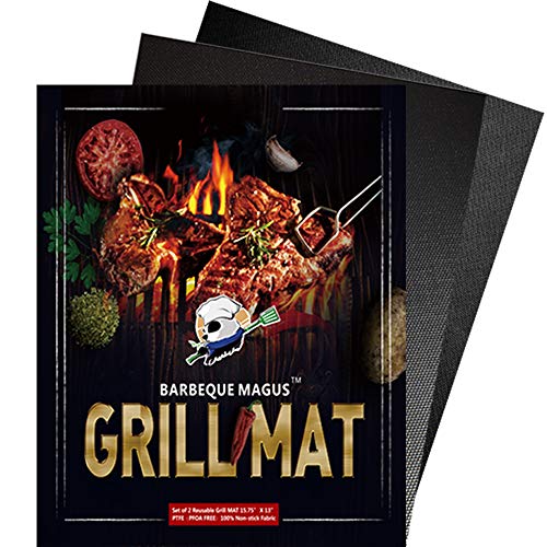 PsinzmkBarbecue Magus BBQ Grill Mat Set of 2- Reusable Non-Stick Grilling Mats (Black) - Extended Warranty-15.75 x 13 Inch