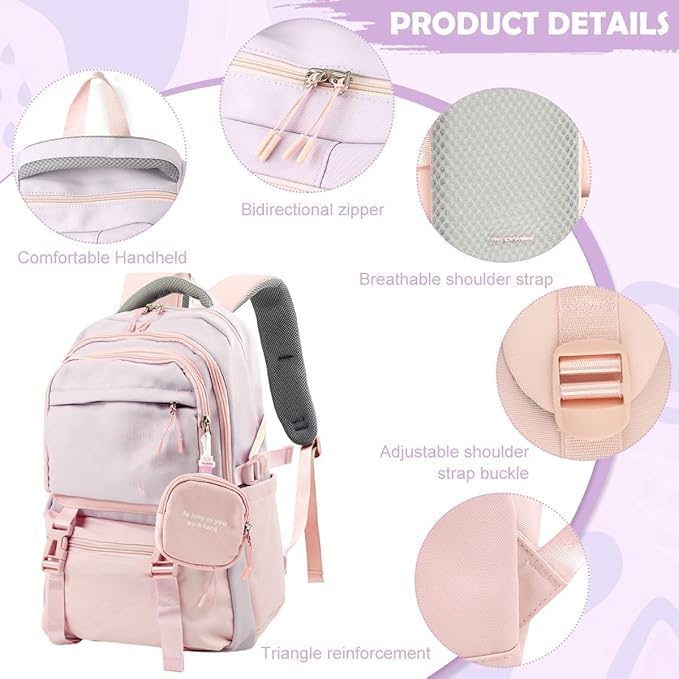 Image of Girls School Backpack with Small Zipper Pouch Fashion Nylon Backpack Multi Compartment Large Capacity Bag with Padded Shoulder Straps & Handle for School Travel Camping College