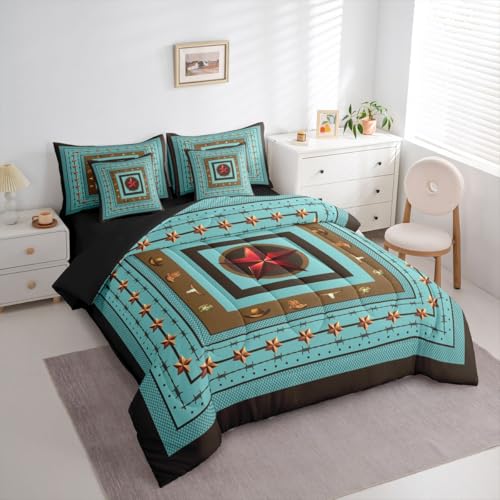 Image of Red Western Texas Star King Size Comforter Set with Sheets | Bull Skull 7 Piece Bedding Set Cowboys Gifts Western Bed in a Bag,Cowboy Boots for Boys Brown Cowboy Hats Boho Rustic Farmhouse Decor