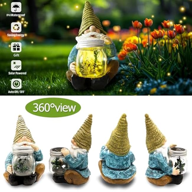 Solar Firefly Jar Gnome Waterproof- Large Garden Gnome Funny Solar Outdoor LED Lights Resin Statues 10.6 Lantern Figurines Decorations Birthday Gifts for Mom Women - Unique Housewarming Gifts