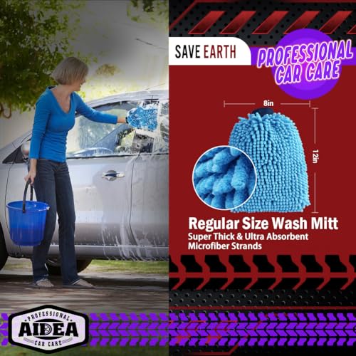 AIDEA Car Wash Mitt Microfiber2PK, Scratch & Lint Free, Premium Chenille Microfiber Wash Mitt-Blue Extra Large Size (8''X12'')