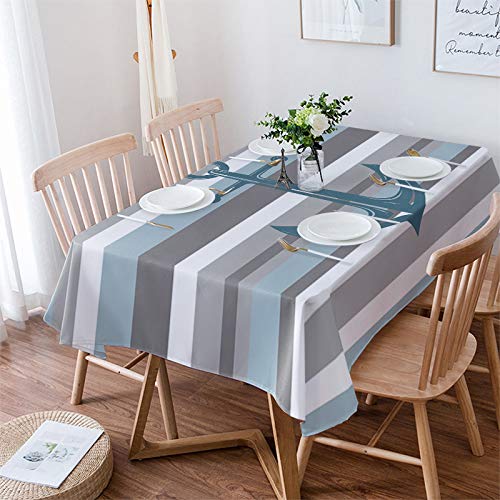 Yun Nist Manteles rectangulares para mesa de mesa con ancla náutica costera, tela de lino de algodón, mantel de mesa para comedor, cocina, rayas azules y grises, 150 x 250 cm Cover