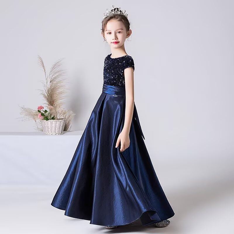 dideyttawl Girls Satin Sequins Party Dress Short Sleeves Long Formal Dress Big Bow Belt 503DX4