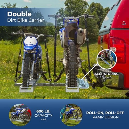 Black Widow Double Motorcycle Bike Hitch Carrier with Loading Ramp, 600 Lbs Capacity, Metallic - Heavy-Duty Aluminum Hauler and Platform for Motorcycles
