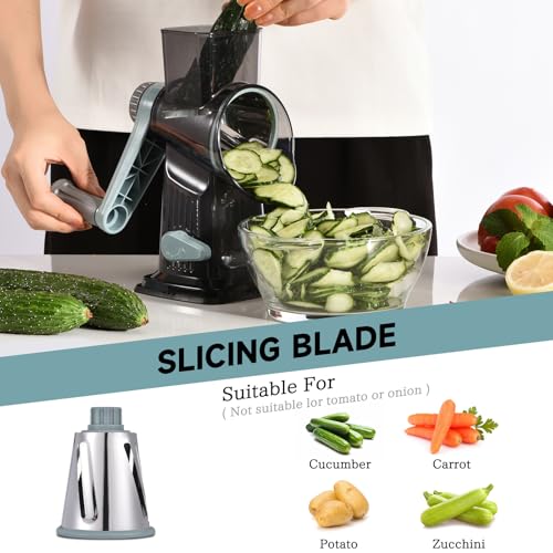 Image of Rotary Cheese Grater with Handle Kitchen Shredder Slicer Grater Slicer Ice Shaver Cheese Vegetable Nuts Potato Zucchini Chocolate 3 Interchangeable Blades (GreyBlue)
