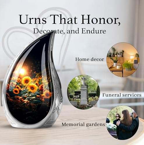 Image of Teardrop Sunflower Urns for Human Ashes Adult Female - Burial Urns for Ashes for Women - Yellow Sunflower Urn for Human Adult Male and Female - Large Decorative Urn for Mom and Dad 10inch