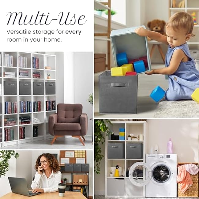 Reli. 11 Inch Cube Storage Bins (4 Pack) | Cube Organizer Bins | 11x11 Fabric Storage Boxes | Collapsible, Foldable Fabric Cubby Box (Square) | Kids Room Organization (Dark Gray)