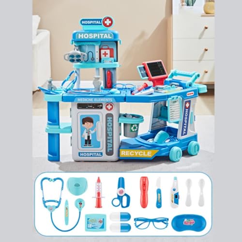Aeroor子供用医師医療機器手術台おもちゃ、 子供用お医者さんのおもちゃ医療セット、お医者さんごっこ、知育玩具、医療機器おもちゃ、 収納スーツケースおもちゃ、 トロリー医療ツールおもちゃ、 ままごとおもちゃロールプレイ、 誕生日プレゼント贈り物 (ブルー