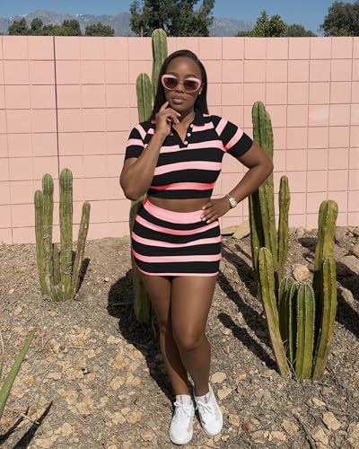 Image of HBQ Women's Casual 2 Piece Skirt Sets Polo Collar Crop Top Striped Mini Dress Summer Vacation-Stripe