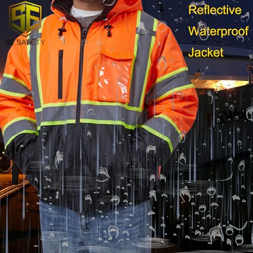 Image of sesafety Reflective Jacket for Men, High Visibility Jackets, Safety Jackets for Men, Hi Vis Construction Bomber Jackets Waterproof with Pockets and Zipper, Black Bottom, Class 3