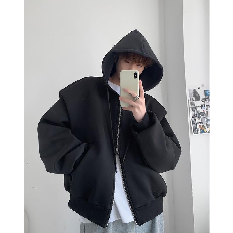 Men's Shoulder Pad Sweatshirt Oversized Solid Color Hoodies Long Sleeve Fshion Harajuku Zip Up Sweatshirts Hoodie3