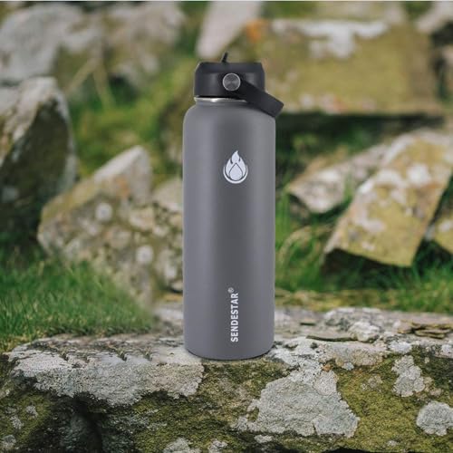 Image of SENDESTAR Stainless Steel Water Bottle, Wide Mouth Water Bottle 40 oz with Straw Lid, Spout Lid, Double Wall Vacuum Insulated Leak Proof, Keeps Liquids Hot or Cold (Gray)