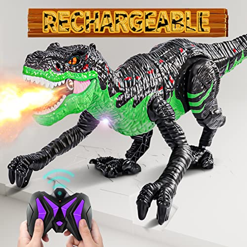 TEMI Rechargeable 2.4G Remote Control Dinosaur Toy for Kids 3 4 5 6 7, Realistic Electric Crawling Jurassic T- rex, RC Dino Robot Toy with Mist Spray, Light & Roar, Gift for Toddlers Boys and Girls