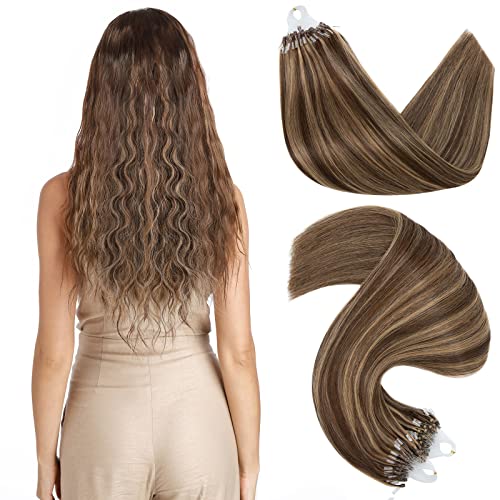S-noilite Micro Loop Human Hair Extensions Micro Bead Tipped Hairpieces Highlighted Pre Bonded Microlinks Remy Hair Extension for Women 14inch 50g 50 Strands #4/27 Medium Brown/Dark Blonde