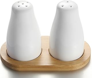 UDQYQ Ceramic Salt and Pepper Shakers Set with Bamboo Tray,2 PCS Modern White Salt & Pepper Shakers,Cute Salt Shaker Pepper Pots for Farmhouse Kitchen Table Décor