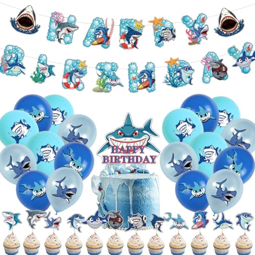 Décoration d'anniversaire Océan,Doyomtoy Ballons de fête Requins Cake Toppe pour Fête à Thème Océan pour Enfants Anniversaire Déco 32 Pièces