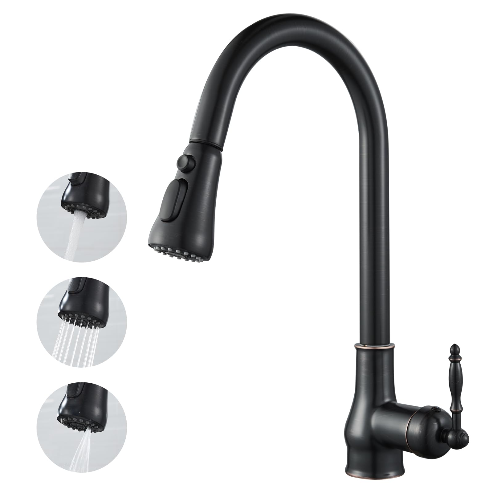 3-Mode Kitchen Tap, OUGOO Antique Brass Mixer Tap with Pull Out Spray, 360° Swivel Spout and Single Handle, 1-Hole Kitchen Sink Faucet, Oil Rubbed Bronze