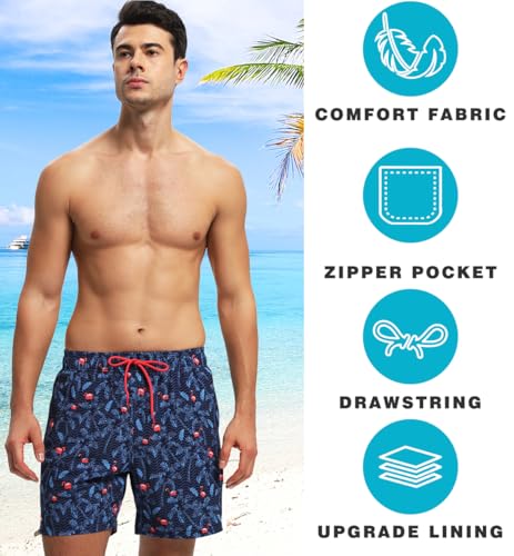 Image of Mens Swim Trunks Compression Liner No Mesh Swimming Trunks Men Swimwear Quick Dry Above Knee Zipper Pocket Swim Shorts
