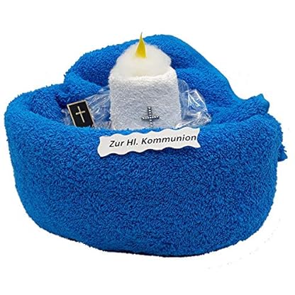 Frotteebox Geschenk Set Kommunion Kerze in Handarbeit geformt aus Duschtuch blau (140x70cm) und Gästetuch (30x30cm) weiß