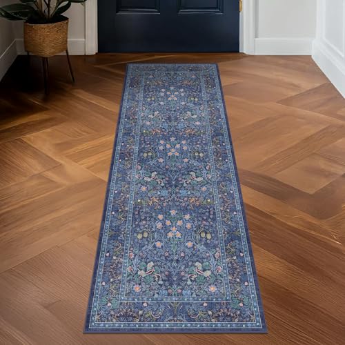Non Slip 2x5 Dark Blue Entryway Runner Rug - Washable Small Throw Rugs for Bathroom, Bedroom, Laundry Room, Hallway, Kitchen Floor Mat, Dusky Navy Vintage Oriental Décor