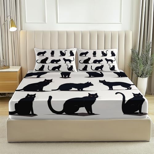 Drap-Housse 140 X 190 Cm Animaux Chats Noirs Groupes De Chats Et 2 Taies d'oreiller - Ultra Doux &...