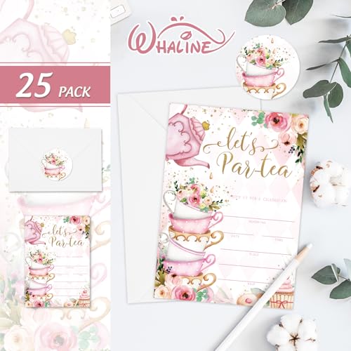 Whaline-25-Packs-Tea-Party-Invitations-5-x-7-Inch-Floral-Fill-In-Invitation-Cards-with-Envelopes-Stickers-Sweet-Dessert-Blank-Invites-for-Party-Tea-Time-Birthday-Supplies