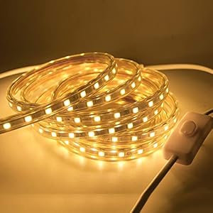 Ruban LED avec Interrupteur 230V, HEGEHE Bandeau LED IP65 Etanche Découpable Flexible Bande LED Lumière pour Chambre, Armoire,Maison,Cuisine, Décoration (Blanc chaud, 5M)