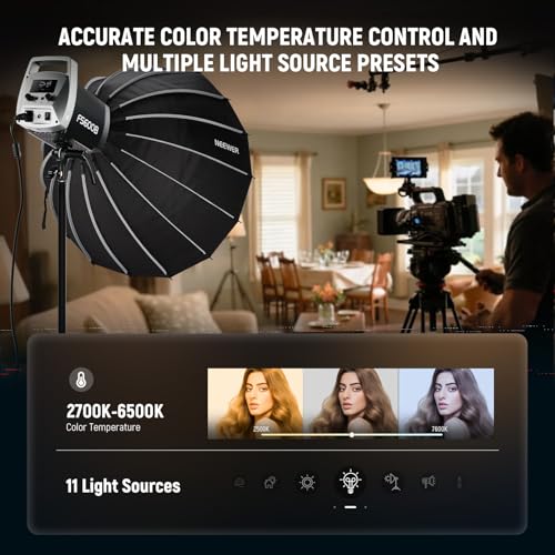Image of NEEWER 600W LED Studio Video Light 2.4G /APP Control 87100Lux /1m, 2700K-6500K Bi Color COB Continuous Lighting with CRI95+, 12 Scenes, Bowens Mount Spotlight for Photography Recording Streaming, FS600B