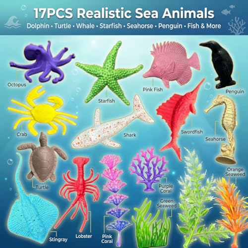 Image of ZESTHOME Ocean Animal Toys for Kids 3+, 17PCS Sea Animal Figures Set, Realistic Marine Creatures, Educational Learning Toy, Birthday Gift for Boys and Girls, Aquarium Decoration