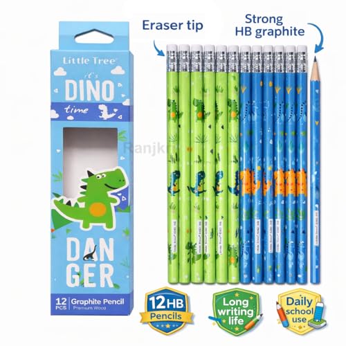 Image of Dino Theme HB Graphite Pencils for Kids (Pack of 12) | Dark Smooth Writing, Break-Resistant Lead, Eraser Tip | School Use, Homework, Drawing, Birthday Return Gifts for Boys & Girls 4+ Years