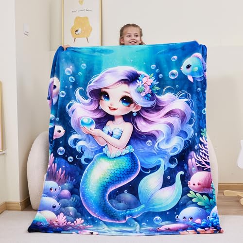Softan Kids Throw Blanket for Girls & Boys, Warm Soft Toddler Fleece Blankets for Sofa Couch Bed， Cozy Fuzzy Plush Flannel Kids Throw Blanket for Daycare & School - 50x60In Blue Mermaid