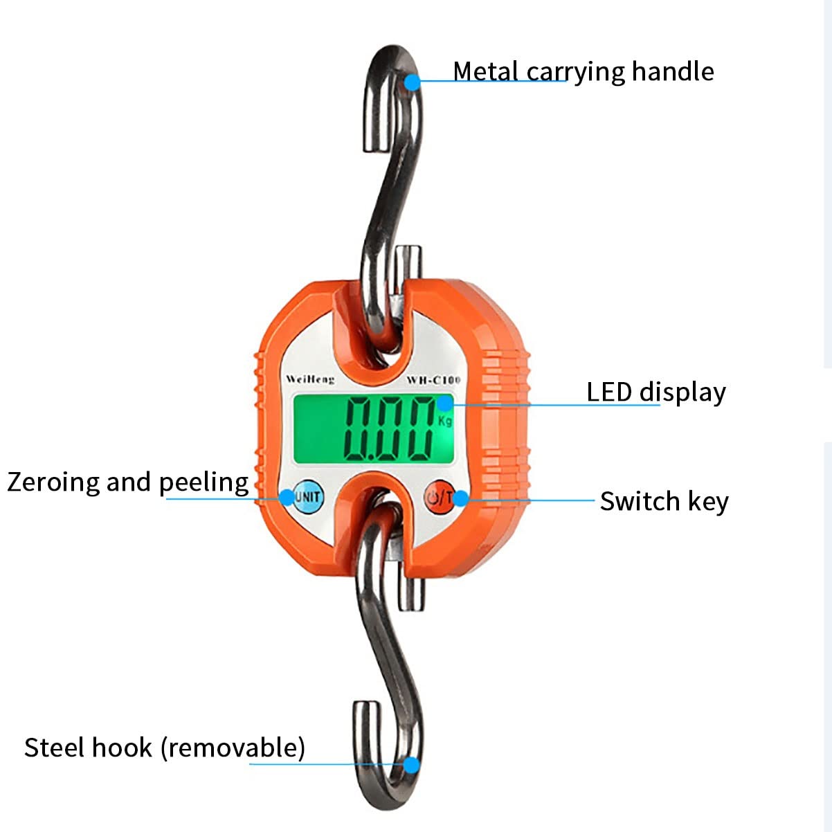 Cyfrowa waga wisząca 150 kg/50 g Przenośna ręczna mini waga dźwigowa z haczykami Wyświetlacz LED Elektroniczna waga do hodowli zwierząt gospodarskich Owoce i warzywa (kolor: pomarańczowy) (pomarańcz