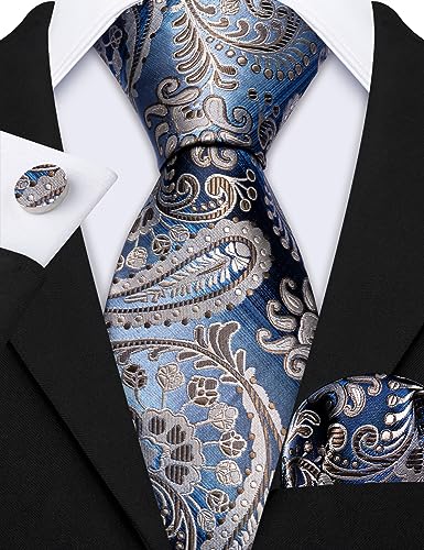 Image of Barry.Wang 6 PCS Men Ties Set Silk Business Fashion Woven Necktie Handkerchief Cufflinks Paisley Stripe Wedding Party