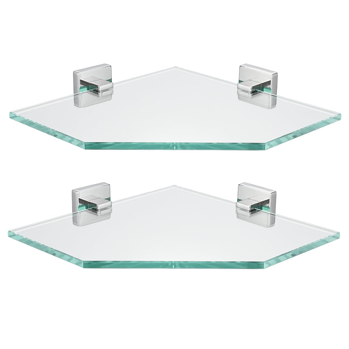 JQK Corner Glass Shelf, Polished Chrome Bathroom 304 Stainless Steel Shower Triangle Floating Wall Shelf, 10 x 10 Tempered Glass, 2 Pack, TGS290L10-CH-P2